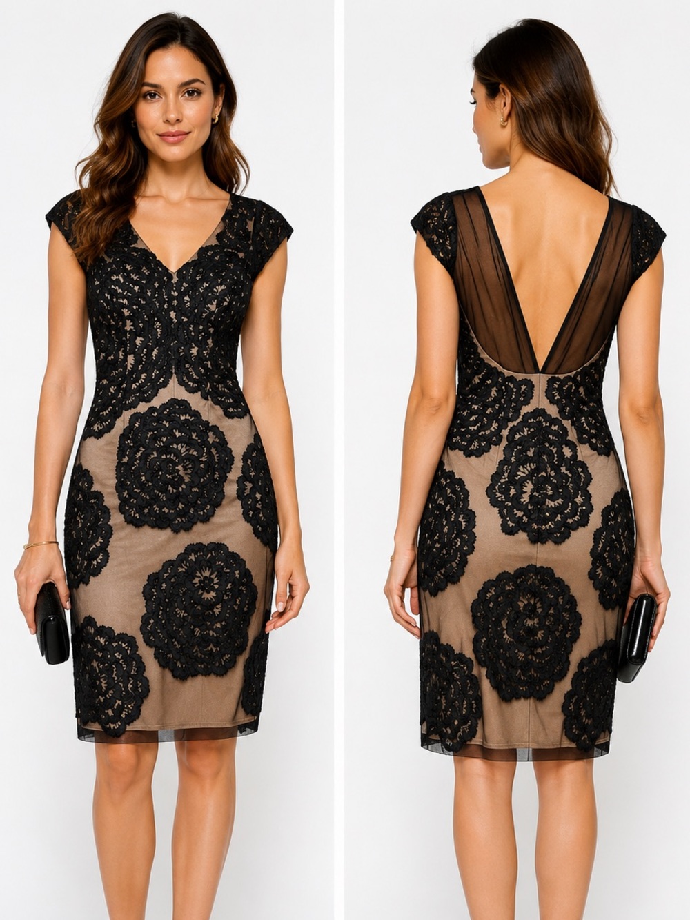 Sue Wong Nocturne Beaded Floral Lace Illusion Sheath Dress Size 2